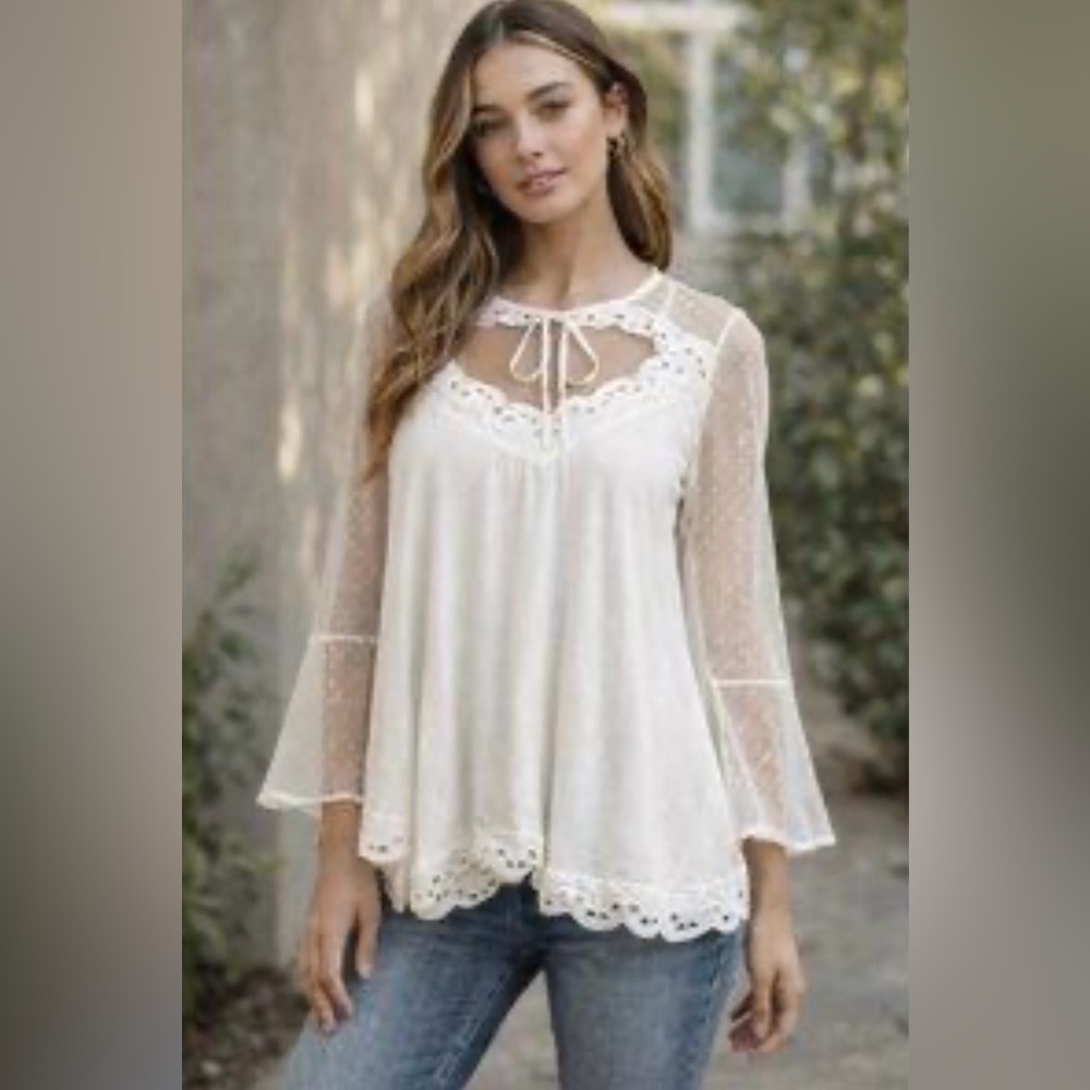 Free People Sheer Cream Lace Flowy Keyhole String Tie NWT Size L